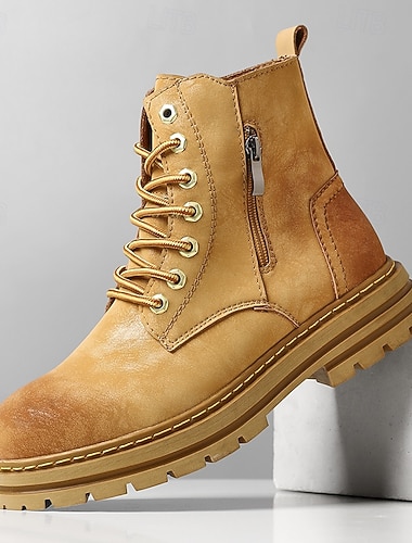 Herre arbeidsstøvler i gule nubukskinn med glidelås på siden og sklisikker såle, kraftige ankelstøvler for bygging, utendørsarbeid og fritidsklær   Herre arbeidsstøvler i gule nubukskinn med glidelås på siden og sklisikker såle, kraftige ankelstøvler for bygging, utendørsarbeid og fritidsklær