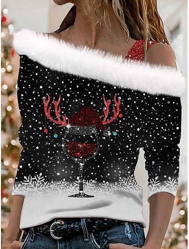  Рождественская женская блузка со снежинками повседневная пляжная длинный рукав с открытыми плечами обычные топы для повседневной носки патчворк принт черный вино красный серый весна осень зима