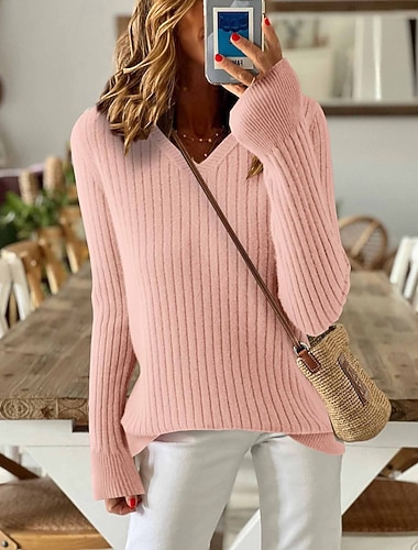  Жен. Вязаная ткань Элегантный стиль На каждый день Мягкий Чистый цвет Рельефный узор V-образный вырез Трикотаж Длинный рукав Обычные топы Вязать на открытом воздухе Повседневные выходные
