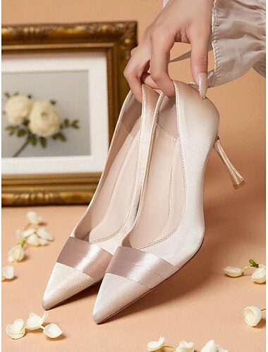  décolleté da donna con tacco alto in raso color champagne - scarpe eleganti a punta con dettaglio a nastro per matrimoni &cocktail party