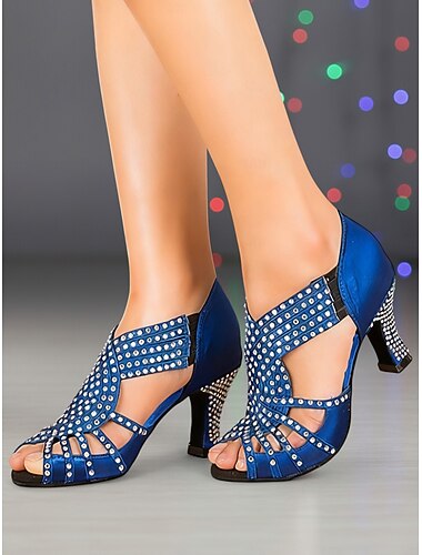  Damskie, niebieskie, kryształowe, profesjonalne buty do tańca latynoskiego, błyszczące, otwarte na palce, eleganckie buty do tańca towarzyskiego &buty do tańca towarzyskiego do salsy i tanga