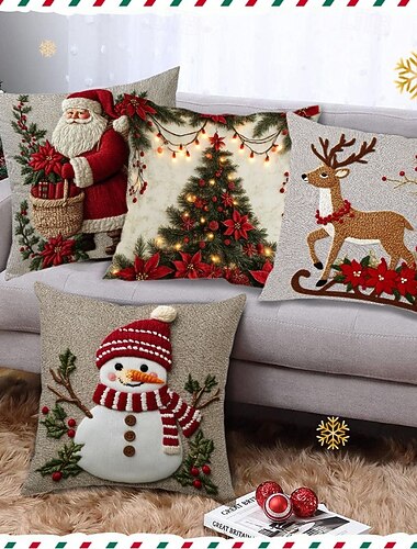 Plysch 3D-tecknad julörngott snögubbe, jultomten &Renkuddfodral för soffa, dekoration för semesterhemmet   Plysch 3D-tecknad julörngott snögubbe, jultomten &Renkuddfodral för soffa, dekoration för semesterhemmet