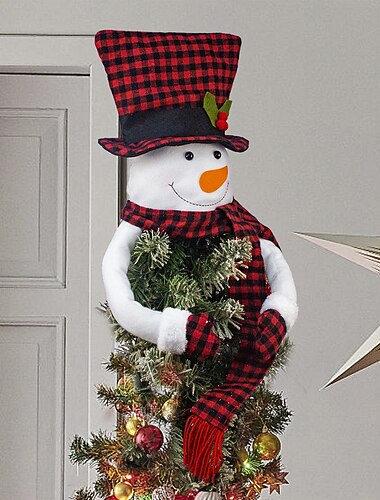  ihastuttava lumiukkohahmo puunlatvasta - ruudullinen hattu &Huivi vihreillä männynoksilla, sopii jouluun, halloweeniin ja kiitospäivän joulukuusen koristeisiin - kevyt ja ystävällinen juhla-aiheinen