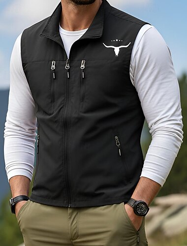  Муж. Жилет Жилет для рыбалки на открытом воздухе Повседневные Мода На каждый день Весна Осень Молния Карман С принтом Полиэстер Удобный Корова Однобортный с 1 пуговицей Воротник-стойка Стандартный