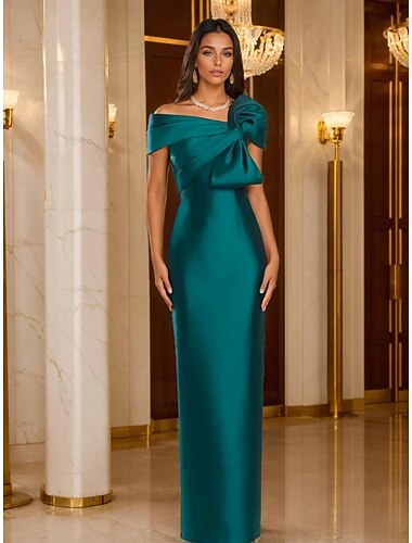  Футляр В пол Выпускные платья Вечернее платье С пышной юбкой Торжественное платье Элегантный стиль С короткими рукавами На одно плечо Официальные Свадьба Сатин с Бант(ы)