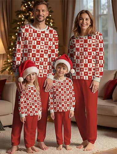  Familie-look Kerstmis Kerst Familie Pyjama Pyjama  Familie sets Grafisch Ruitjes Sneeuwpop Huis Afdrukken Rood Lange mouw Dagelijks Bijpassende outfits