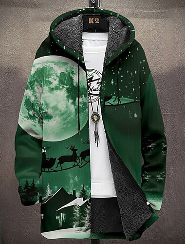  Jul Herre Grafisk Vinterfrakk Fleece-jakke Frakk Hold Varm Bekvem Fritid Dagligdagstøy Glidelås Lomme 3D-utskrift Høst Vinter Med hette Langermet Rød Blå Grønn