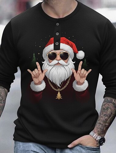  Муж. Новогодняя тематика Дед Мороз Рубашка Хенли Длинный рукав Мода Симпатичные Стиль Повседневные Повседневные Праздники На выход Зима Весна & осень Черный Хенли Футболка Хенли