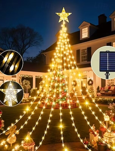 Bożonarodzeniowa lampa solarna na zewnątrz 2M 8 trybów wodospad pięcioramienne lampki choinkowe do dekoracji świątecznego podwórka werandy patio na przyjęcia kolorowa dekoracja Drzewka