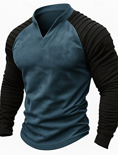  Miesten mokkanahkainen pitkähihainen t-paita, v-pääntie, ryppykuvio, laskostettu toppi, syksy/talvi, väriblokki, vintage, päivittäin, retro, rypytetty, väriblokki, ulko-, katu- ja syy-kuvioinen, sininen, ruskea, khaki-t-paita