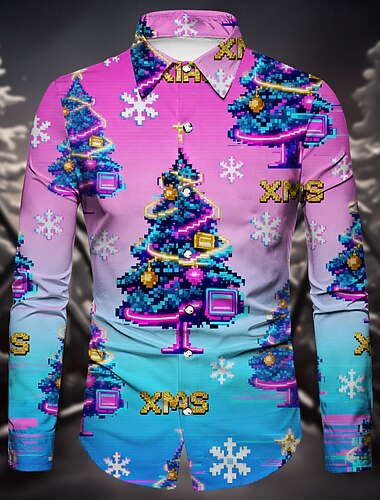  Święta Długie rękawy Koszula zapinana na guziki Choinki świąteczne Płatki śniegu Graficzny Zabawne Zabawny na Męskie Dla dorosłych Druk 3D  Do Święta Karnawał Nowy Rok Impreza