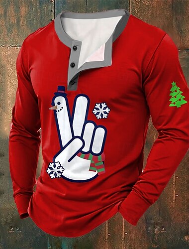  Муж. Новогодняя тематика руки Рубашка Хенли Длинный рукав Мода Симпатичные Стиль Повседневные Повседневные Праздники На выход Зима Весна & осень Черный Зеленый Красный Синий Хенли Футболка Хенли