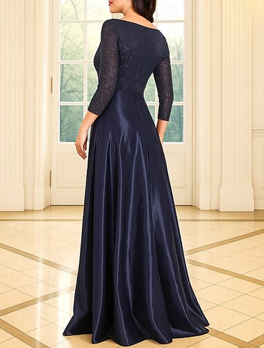  Linea ad A Lunghezza al pavimento Abito Formale Abito svasato Abito da sera Manica Lunga Scollo a V Elegante Semplice Brillare & Splendere Con Paillettes Raso Italia Abito da cerimonia per signora con