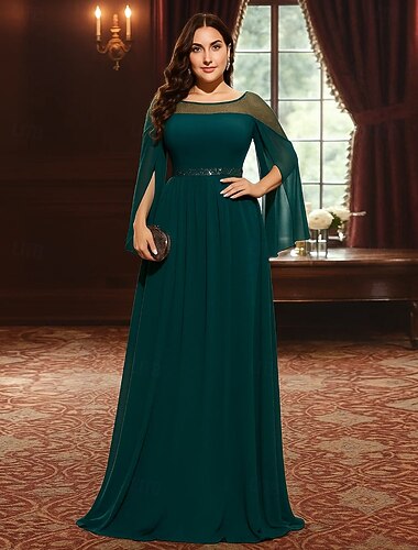 A-الخط فستان أم العروس أنيق عتيق حفلة رقبة عالية مدورة طول الأرض بوليستر كم طويل مع طيات مكعب التلوين   A-الخط فستان أم العروس أنيق عتيق حفلة رقبة عالية مدورة طول الأرض بوليستر كم طويل مع طيات مكعب التلوين