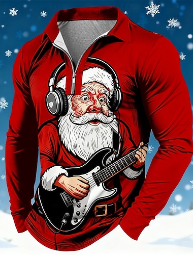  Noël Homme Père Noël Polo manche longue Polos Revers Occasionnel Fête Tenue quotidienne Tenue de fête Impression 3D Polo à fermeture éclair 1/4 Printemps Automne Hiver Rouge 1 Rouge 4 Rouge 3