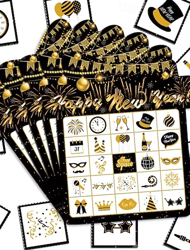 24-spelare svart &gyllene nyårsaftonbingospel med gratis tokens &Ringlista - festbingo festtillbehör för vuxna, nyårsfestgåvor, numrerade 1-24 kort, för festlig underhållning