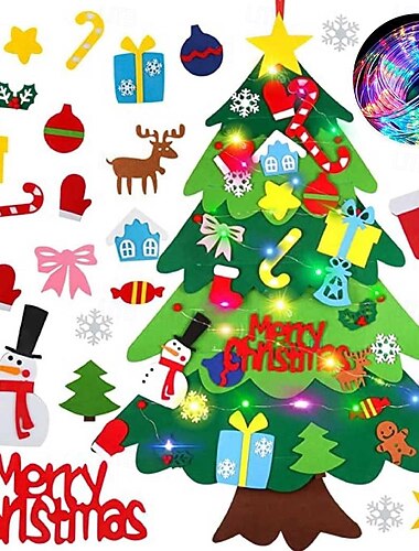 Filtjulgransset med LED-ljusslinga, 3,2 fot vägghängande gör-det-själv-juldekorationer gran med avtagbara ornament snögubbe juldekorationer nyårspresent till barn pojkar och flickor hem   Filtjulgransset med LED-ljusslinga, 3,2 fot vägghängande gör-det-själv-juldekorationer gran med avtagbara ornament snögubbe juldekorationer nyårspresent till barn pojkar och flickor hem