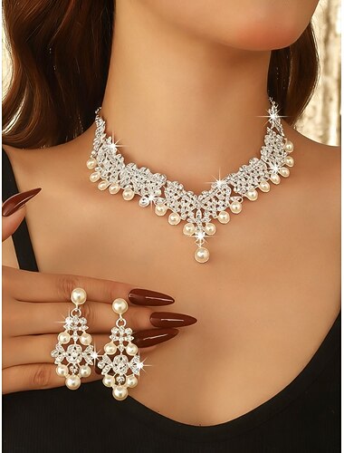  طقم قلادة وأقراط من اللؤلؤ الكريستالي الفضي للنساء، مجوهرات أنيقة من أحجار الراين لحفلات المساء وحفلات الزفاف &فعاليات حفلات غاتسبي