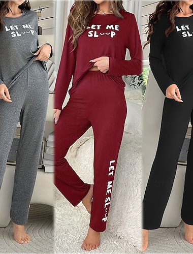 Női Pizsama Alkalmi Kényelmes Szöveg Rugalmas derék Póló Nadrág Otthon Napi Hosszú ujj Terített nyak Fekete Rubin Medence Szürke Tavasz Ősz Normál