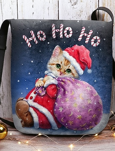  Juleveske til dame – med Kayomi Harais søte kattedesign med ho ho ho-tekst, mykt polyesterstoff, justerbar stropp, ideell for julehandel, gaver og vinterfestligheter