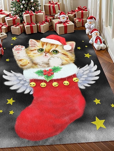  Weihnachtskatze in Socke Bereich Teppich für Wohnzimmer und Schlafzimmer Faux Kaschmir Feiertags Teppich mit Weihnachtsmannhut Niedlich geflügelte Kunst Teppich Weich Rutschfest Maschinenwaschbar