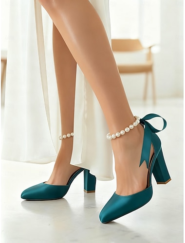  oranje satijnen pumps met blokhak en parel voor dames &lint enkelband - elegante puntige hoge hakken voor bruiloften en feesten &avond evenementen