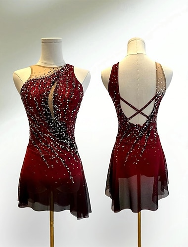  Šaty na bruslení Dámské Dívčí Buz Pateni Šaty Černá / červená Slátanina Asymetrický lem Spandex Síťka Vysoká pružnost Trénink Soutěž Bruslařské oblečení Klasický Křišťál a napodobenina Bez rukávů