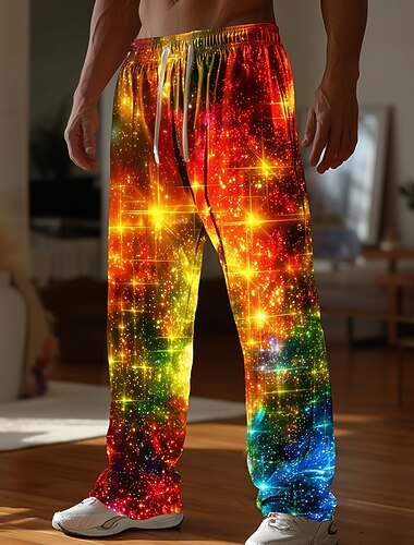 Weihnachten Herren Funkelnder Glitzer Weihnachtslicht Hosen Hose Freizeithose Mittlere Taille Kordelzug Elastischer Bund Lässig Outdoor Ferien Seitentaschen Gerade Hosen Frühling Herbst 3D-Druck