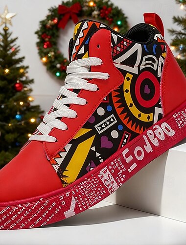  Røde og hvite herresneakers med grafikk og dristig design, trendy gatestil for uformelle utflukter, fester og hverdagsbruk