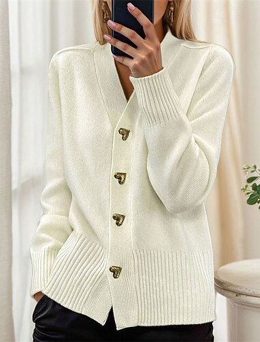  Жен. Вязаная ткань Кардиган Элегантный стиль Мода Уличный стиль Сплошной цвет V-образный вырез Пуговицы Трикотаж Длинный рукав Обычные топы Вязать на открытом воздухе Повседневные Праздники
