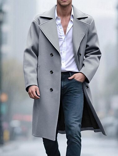  Herr Rock Trenchcoat Lång trenchcoat Semester Dagligen Höst Vinter Polyester Vindtät Håller värmen Ytterkläder Kläder Mode Klassisk Slät Ficka Kavajslag Dubbelknäppt