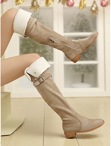  レディース冬用スエードニーハイブーツ - 暖かいフェイクファーの裏地、ジッパー開閉、チャンキーヒール、雪の天候に最適なスタイリッシュなアウトドアシューズ