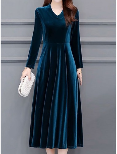 Damen Samt Midi Kleid A-Linie Kleid Elegante Party Cocktail Outdoor Party Hochzeitsgast Reguläre Passform Einfarbig Langarm V-Ausschnitt Schwarz Wein Blau Lila Herbst Winter   Damen Samt Midi Kleid A-Linie Kleid Elegante Party Cocktail Outdoor Party Hochzeitsgast Reguläre Passform Einfarbig Langarm V-Ausschnitt Schwarz Wein Blau Lila Herbst Winter