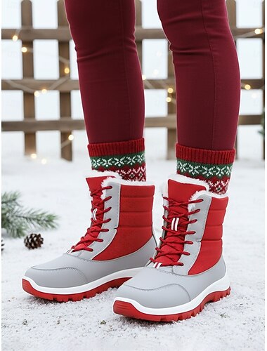  Røde vinterstøvler med fuskepels til dame – slitesterke og vanntette snøstøvler i fargeblokk for snøeventyr, perfekte for feriereiser