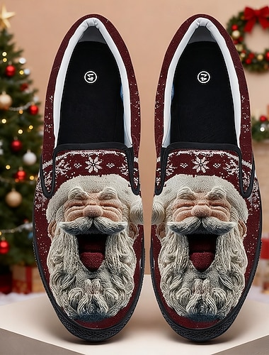  メンズ クリスマス サンタフェイス スリッポンシューズ - 華やかな3Dサンタデザイン、快適なカジュアルスタイル、クリスマスパーティーやホリデーの集まりに最適