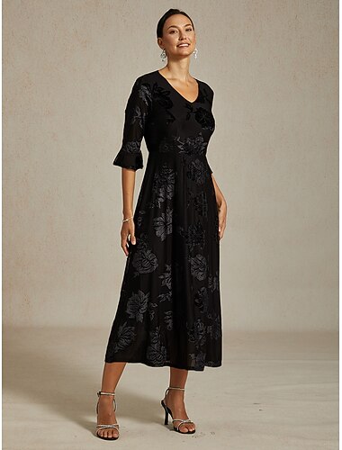  Damen Samt Midi Kleid A Linie Kleid Elegant Geburtstags Cocktail Hochzeitsgast Samt Alltag Cocktailparty Reguläre Passform Floral Halbe Ärmel V-Ausschnitt Marineblau Frühling Herbst Winter