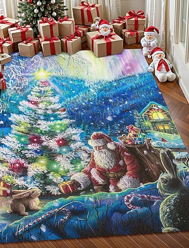  Weihnachtsbaum Teppich für Wohnzimmer und Schlafzimmer Faux Kaschmir Winterwald-Szene Teppich Feiertags Kunstteppich weicher rutschfester maschinenwaschbarer Teppich Weihnachtsszene von Dakota