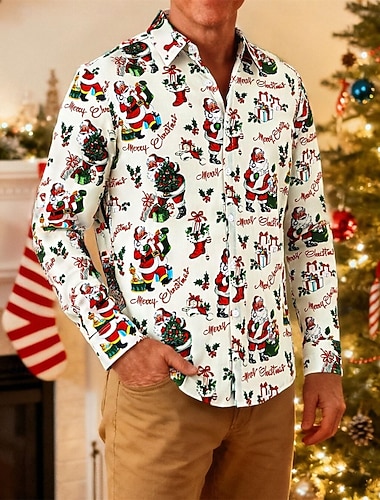  Święta Długie rękawy Koszula zapinana na guziki Święty Mikołaj Graficzny Zabawne Zabawny na Męskie Dla dorosłych Druk 3D  Do Święta Karnawał Nowy Rok Impreza
