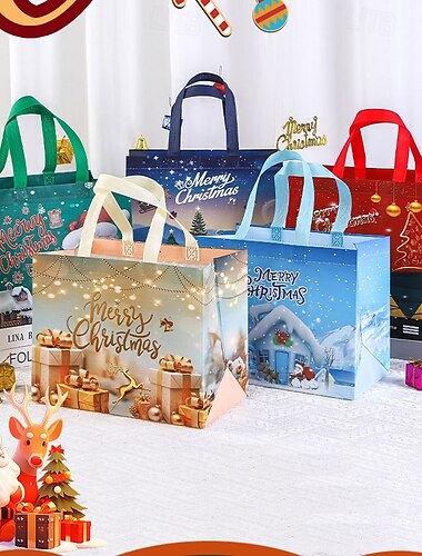  16-teilige multifunktionale Weihnachtstüten aus Vliesstoff zum Verpacken von Geschenken und Einkäufen – Leckerli-Tüten mit Griffen für Weihnachtspartys