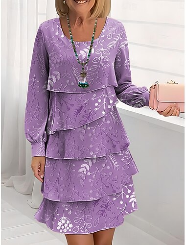  Dame Mini kjole Kjole med A-linje Lag-på-lagkjole Stilfull Fritid Formelt Normal Grafisk Blad Langermet Crew-hals Øsehals Lysegrønn Rosa Lilla Sommer Vår Høst Vinter