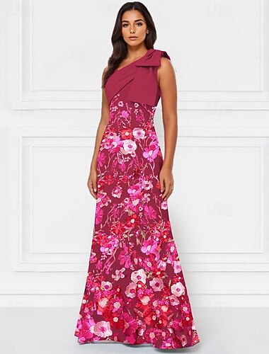  A-Linie Na zem Šaty Večerní šaty Plesové Formální šaty Elegantní Vinobraní Bez rukávů Jedno rameno Formální Svatební Růžové šaty Stretch Crepe s Mašle Výšivka Aplikace 2025