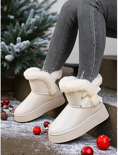  Vita vinterstövlar med pälskant och rosett för kvinnor, snygga och mysiga snöstövlar för kallt väder och högtidskläder