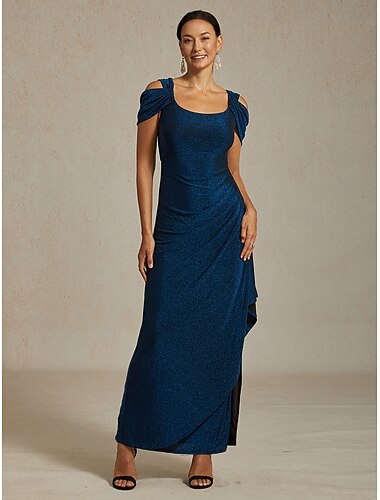  בגדי ריקוד נשים שמלת מקסי שמלת Off The Shoulder אלגנטית מסיבה מפלגה אורחת חתונה מסיבת קוקטייל רגיל צבע אחיד ללא שרוולים כתפיה כחול רויאל קיץ אביב סתיו