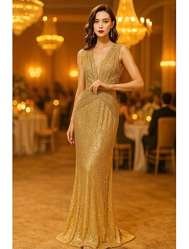  Strak kolom Tot de grond Avondjurken Baljurk  Formele kleding Elegant Glitter Mouwloos V-hals Bruiloft Formeel Pailletten met Glitter Pailletten