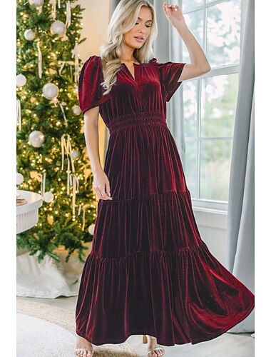  Jule damer's fløyels midi-kjole A-linjekjole fit og flare kjole elegant fest bursdag bryllup fest bryllupsgjester løs passform ensfarget kortermet V-hals vin blå grønn vår høst vinter