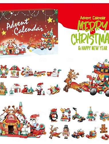  Juleadventskalender byggeklosser for barn jule nedtellingsgave, overraskelsesleke gaveeske for gutter jenter i alderen 6-12, 6-i-1 julenissen, juletre, tog &husbyggesett, julegave til barn fra 6 år