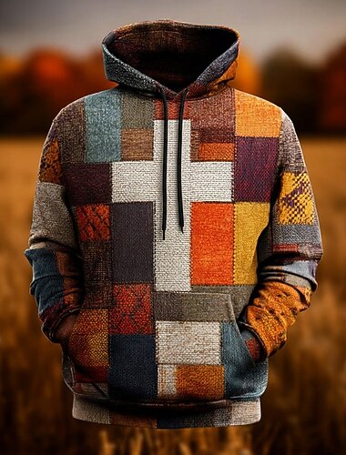  Homme Géométrique Plaid Sweat à capuche Sweatshirt Mode Quotidien manche longue Col ras du cou Maison Soirée Vêtements de rue Orange Marron Vert Cordon de serrage Automne Hiver Designer S M L XL XXL