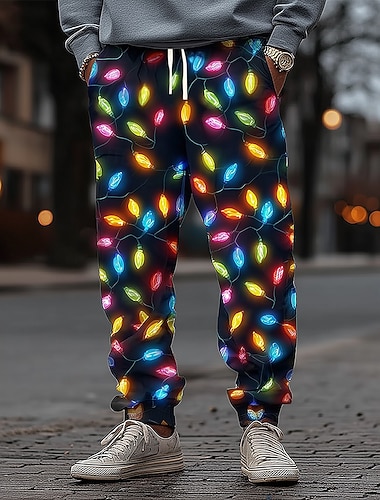  Weihnachten Herren Weihnachtslicht Jogginghose Hose Mittlere Taille Kordelzug Elastischer Bund Lässig Outdoor Ferien Sportliche Jogginghose mit Taschen Frühling Herbst 3D-Druck Schwarz
