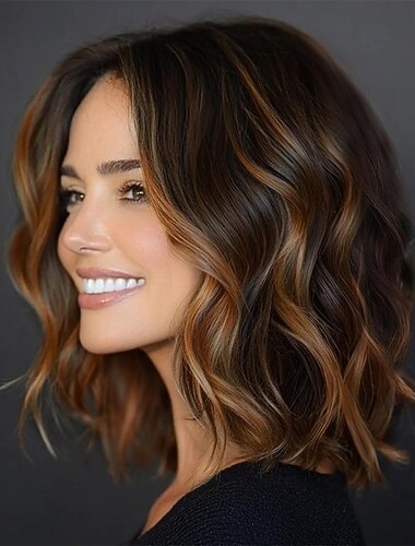  פאות בצבע חום קרמל באורך 14 אינץ' לנשים - פאה גלית באורך הכתפיים עם קו שיער תחרה חתוך מראש, חלק אמצעי, בוב גלי טבעי, סיבים סינתטיים עמידים בחום, ליום יום ומסיבות