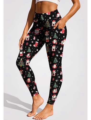  Noël Femmes leggings de pilates Pantalons de fitness Jambières de gymnastique Poches Droit de timbre Poches Latérales Pilates Salle de sport Entraînement en salle Pantalons Collants Leggings Noël